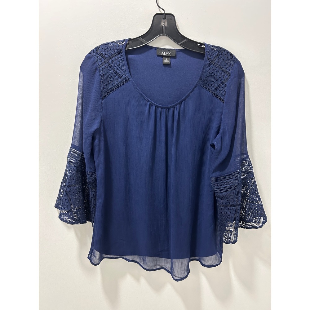 Alyx Womens Navy Blue Lace Crochet Bell Sleeve Chiffon Lightweight Blouse Small
